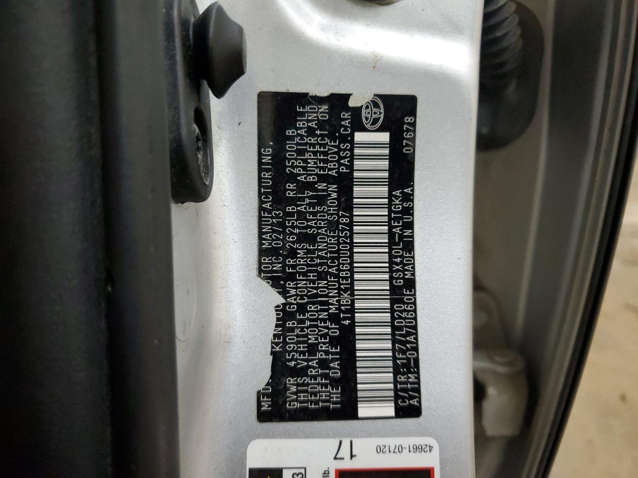 2013 Toyota Avalon VIN 4T1BK1EB6DU025787 Copart auction photo, rear end / side damage thumbnail 12