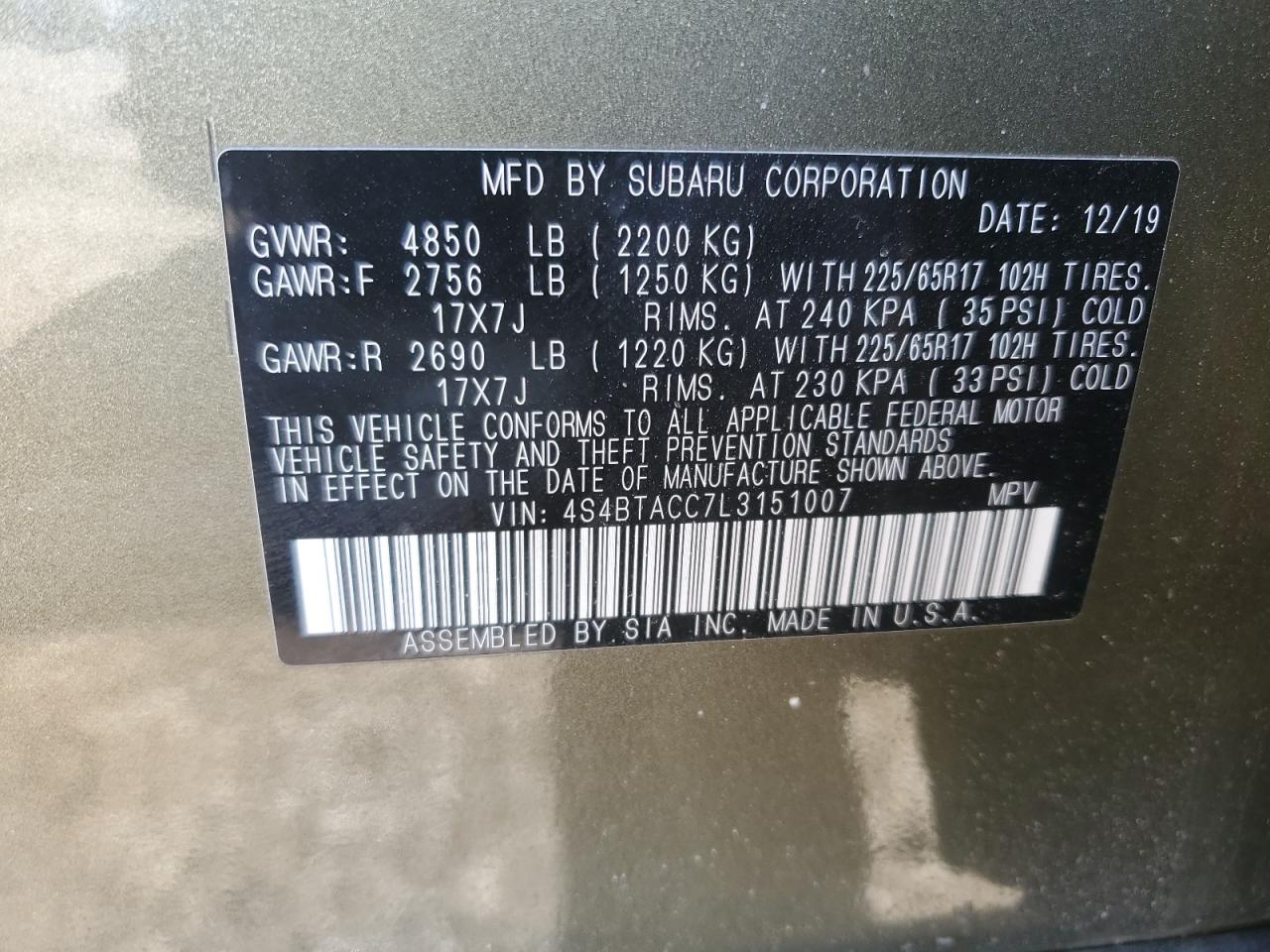 2020 Subaru Outback VIN 4S4BTACC7L3151007 Copart auction photo, front end damage thumbnail 15