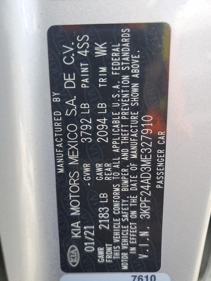 2021 KIA Forte VIN 3KPF24AD3ME327910 Copart auction photo, front end / side damage thumbnail 12