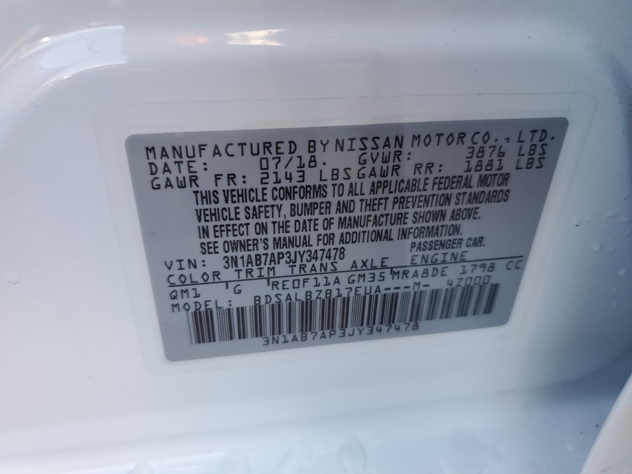 2018 Nissan Sentra VIN 3N1AB7AP3JY347478 Copart auction photo, front end / rear end damage thumbnail 13