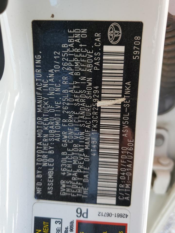 2012 Toyota Camry VIN 4T4BF1FK3CR259294 Copart auction photo, front end / minor dent/scratches damage thumbnail 13