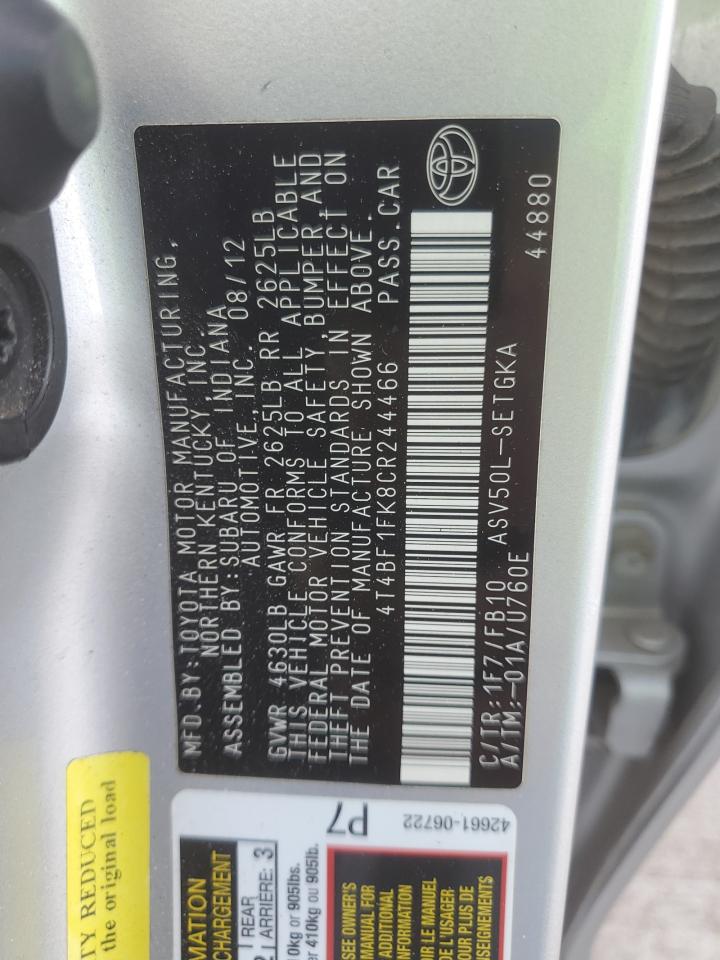 2012 Toyota Camry VIN 4T4BF1FK8CR244466 Copart auction photo, hail / minor dent/scratches damage thumbnail 12