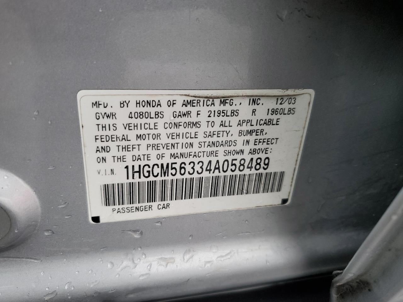 2004 Honda Accord VIN 1HGCM56334A058489 Copart auction photo, rear end / side damage thumbnail 12