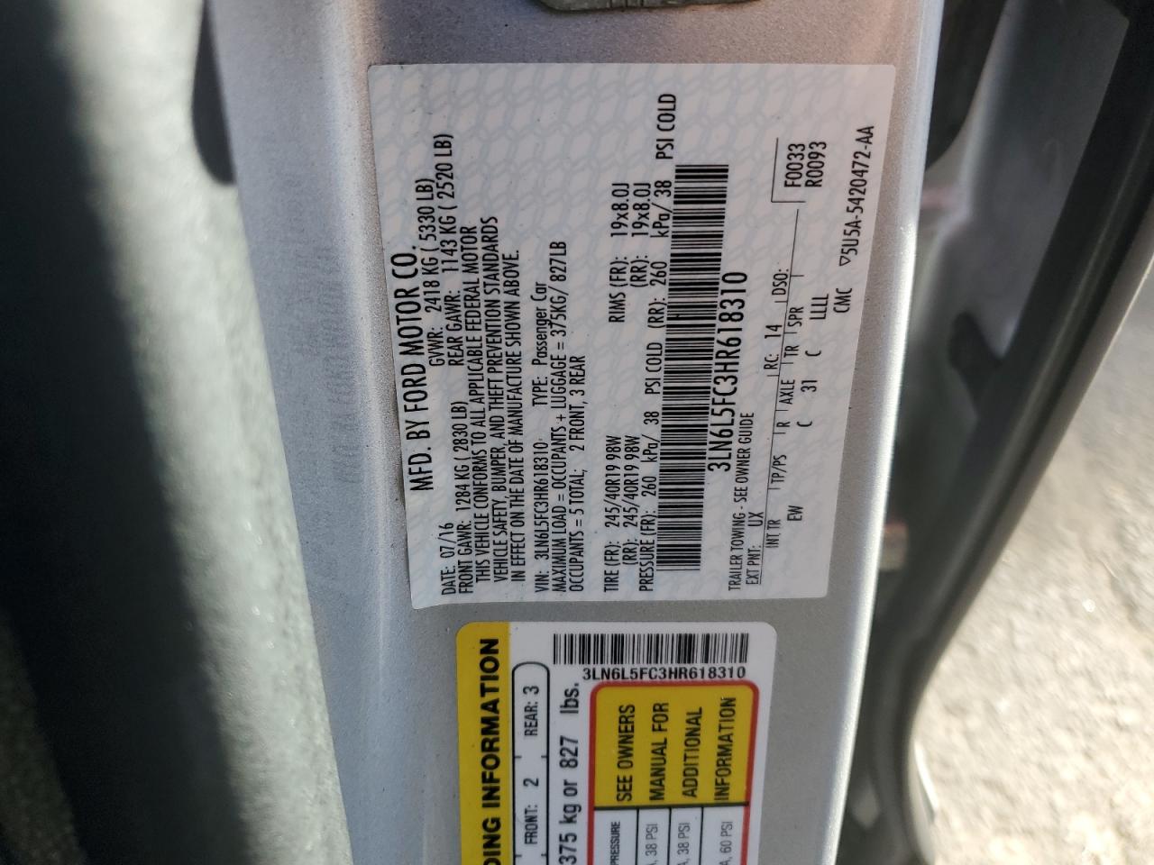 2017 Lincoln MKZ VIN 3LN6L5FC3HR618310 Copart auction photo, rear end damage thumbnail 13