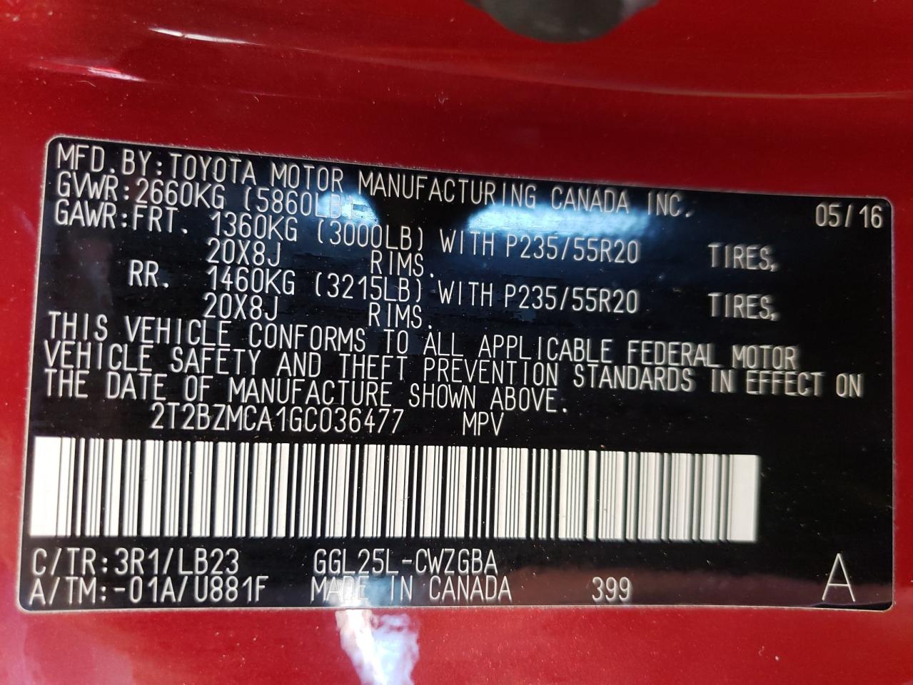 2016 Lexus RX VIN 2T2BZMCA1GC036477 Copart auction photo, front end / side damage thumbnail 16