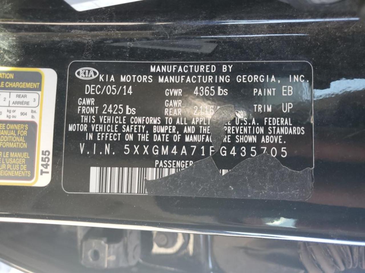 2015 KIA Optima VIN 5XXGM4A71FG435705 Copart auction photo, front end damage thumbnail 14