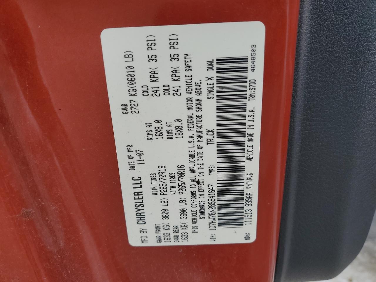 2008 Dodge Dakota VIN 1D7HW78N28S541647 Copart auction photo, all over damage thumbnail 12