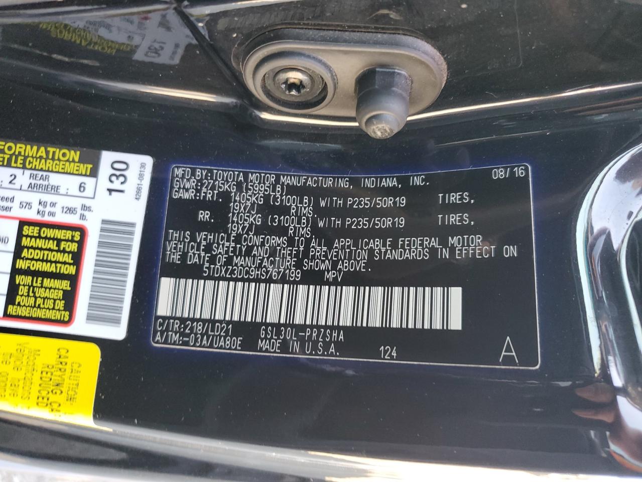 2017 Toyota Sienna VIN 5TDXZ3DC9HS767199 Copart auction photo, front end damage thumbnail 15