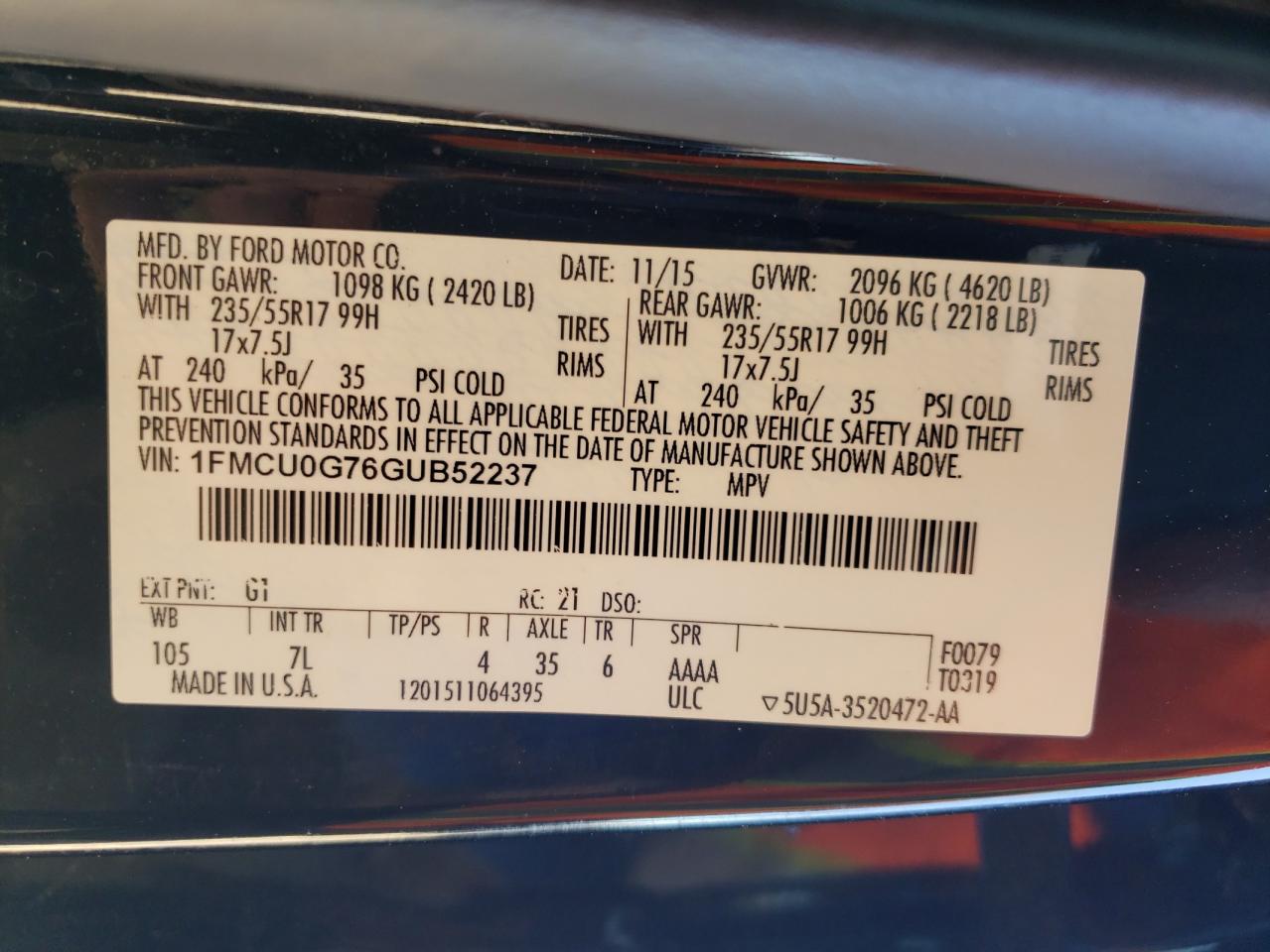 2016 Ford Escape VIN 1FMCU0G76GUB52237 Copart auction photo, rear end / side damage thumbnail 13