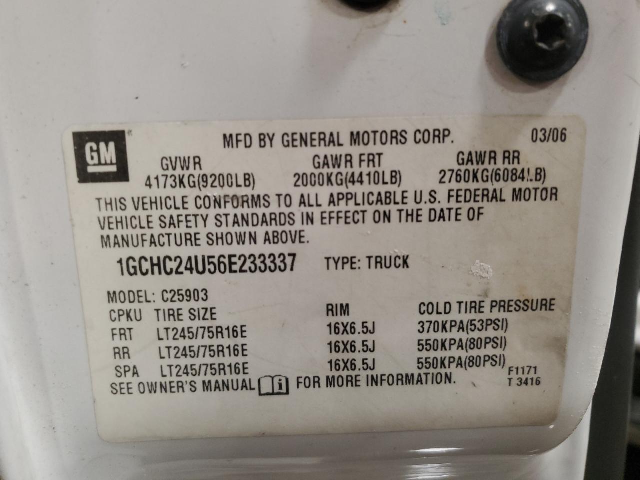 2006 Chevrolet Silverado VIN 1GCHC24U56E233337 Copart auction photo, front end / rear end damage thumbnail 12