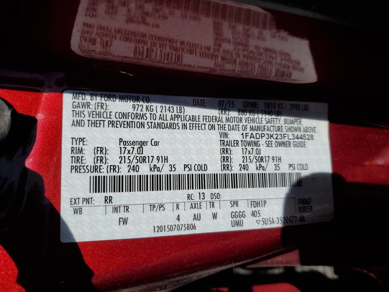 2015 Ford Focus VIN 1FADP3K23FL344528 Copart auction photo, front end damage thumbnail 12