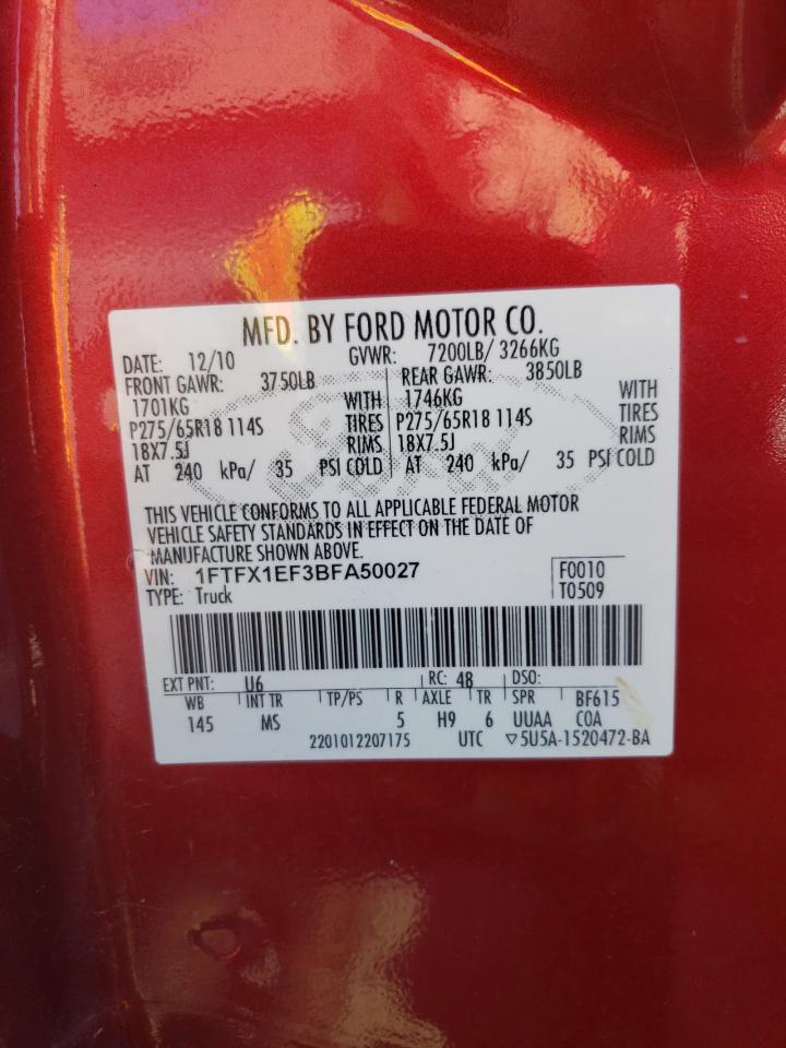 2011 Ford F-150 VIN 1FTFX1EF3BFA50027 Copart auction photo, front end / side damage thumbnail 14