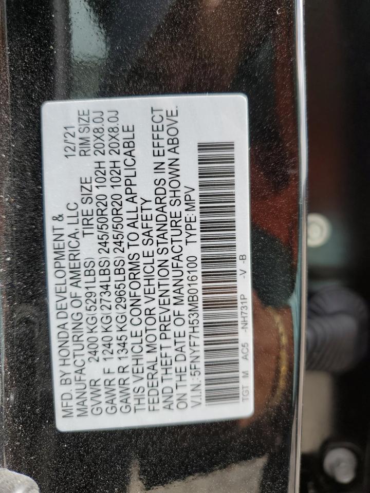 2021 Honda Passport VIN 5FNYF7H53MB016100 Copart auction photo, side damage thumbnail 15