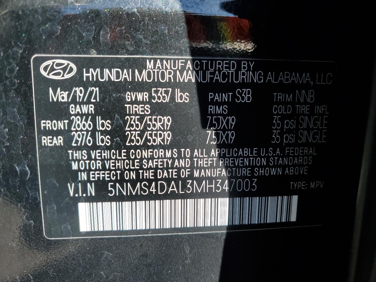 2021 Hyundai Santa Fe VIN 5NMS4DAL3MH347003 Copart auction photo, front end damage thumbnail 15