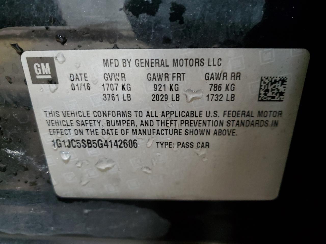 2016 Chevrolet Sonic VIN 1G1JC5SB5G4142606 Copart auction photo, rear end damage thumbnail 12