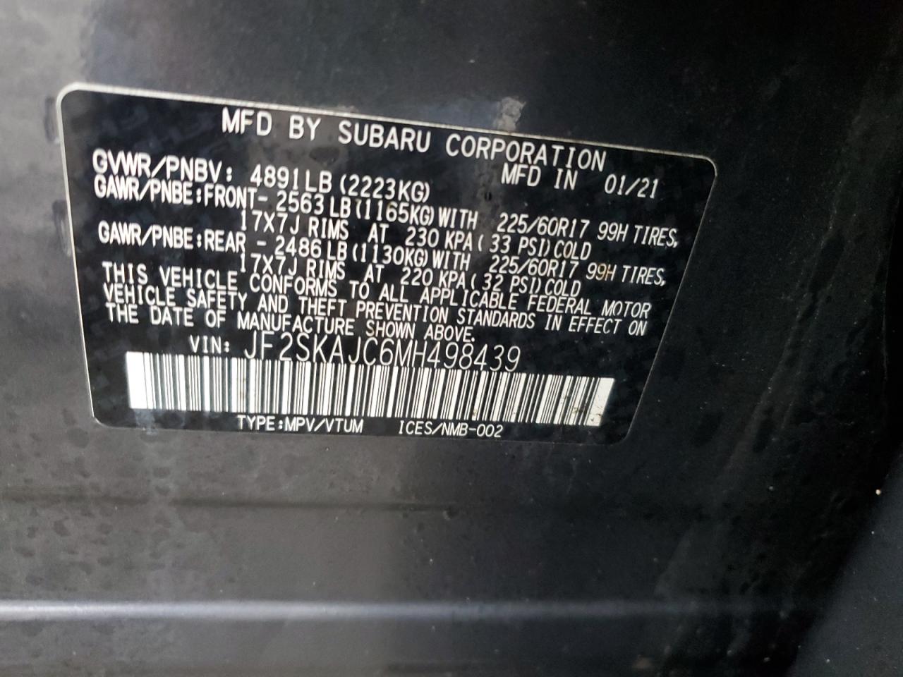 2021 Subaru Forester VIN JF2SKAJC6MH498439 Copart auction photo, front end damage thumbnail 16