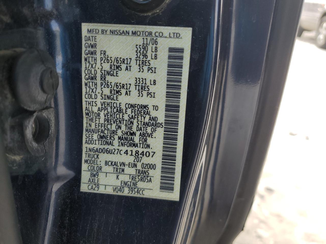 2007 Nissan Navara (Frontier) VIN 1N6AD06U27C418407 Copart auction photo, front end damage thumbnail 12