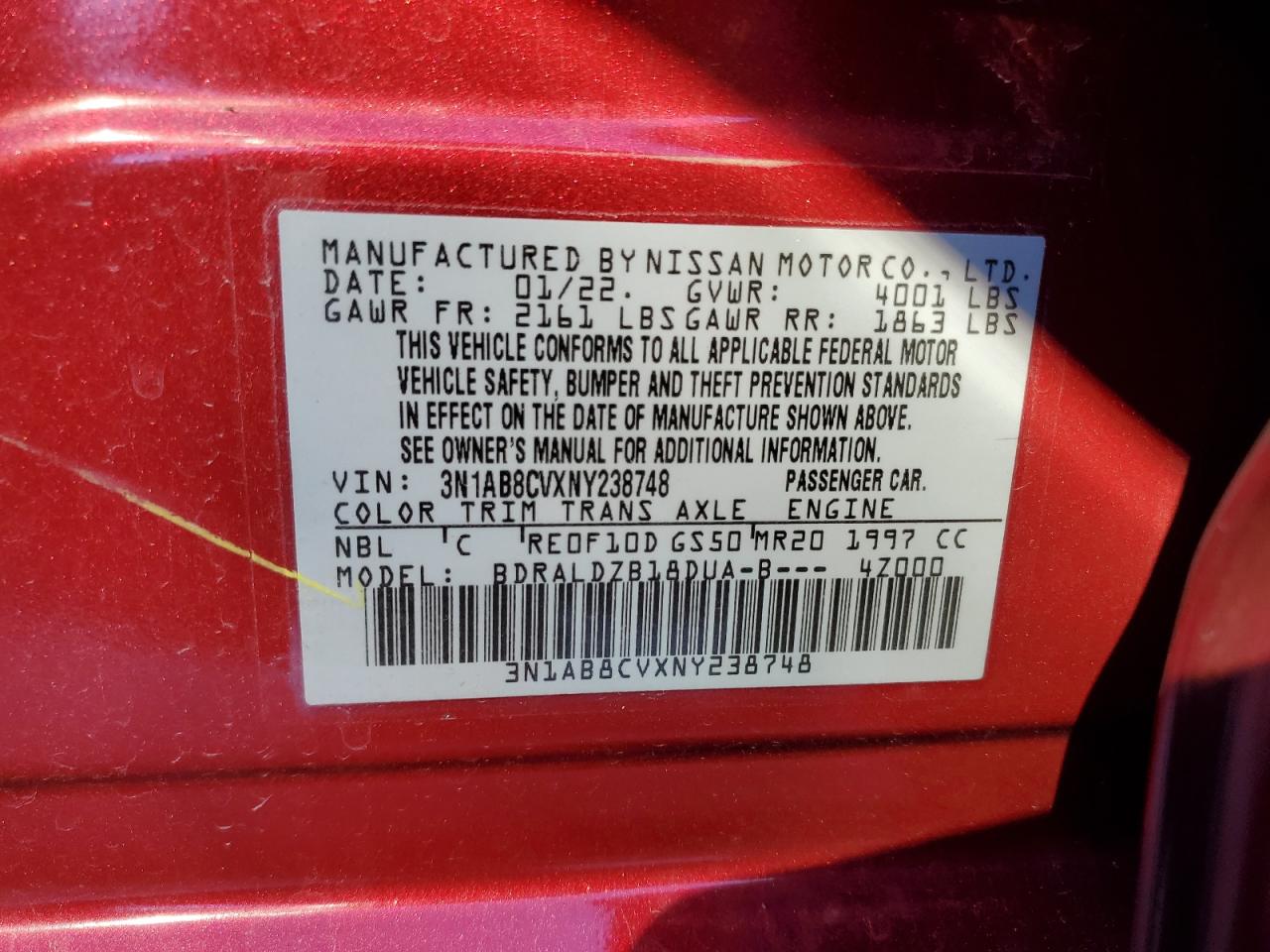 2022 Nissan Sentra VIN 3N1AB8CVXNY238748 Copart auction photo, side / minor dent/scratches damage thumbnail 12