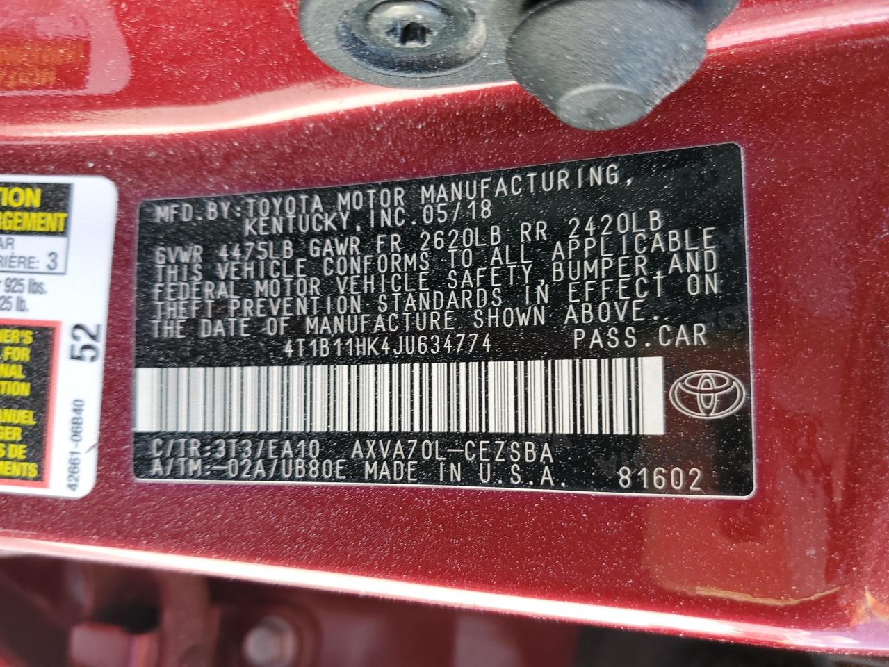 2018 Toyota Camry VIN 4T1B11HK4JU634774 Copart auction photo, rear end damage thumbnail 12