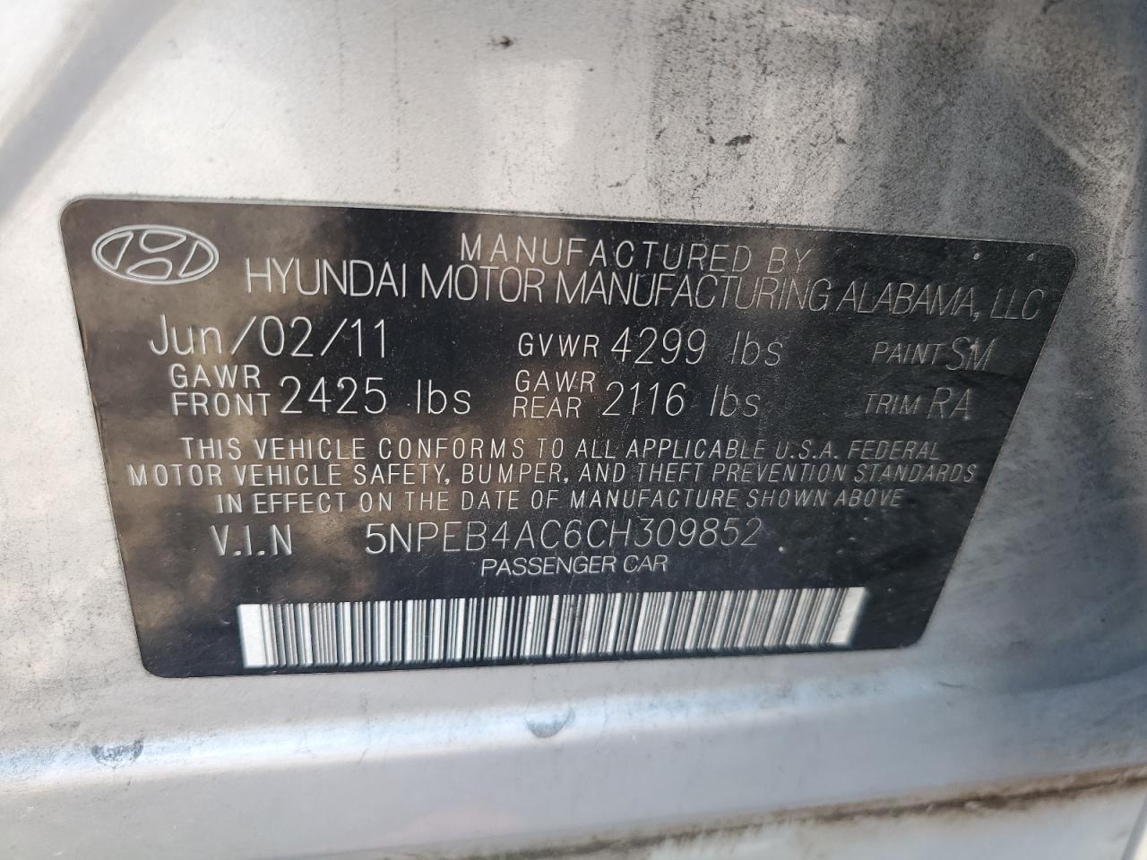 2012 Hyundai Sonata VIN 5NPEB4AC6CH309852 Copart auction photo, front end / side damage thumbnail 12