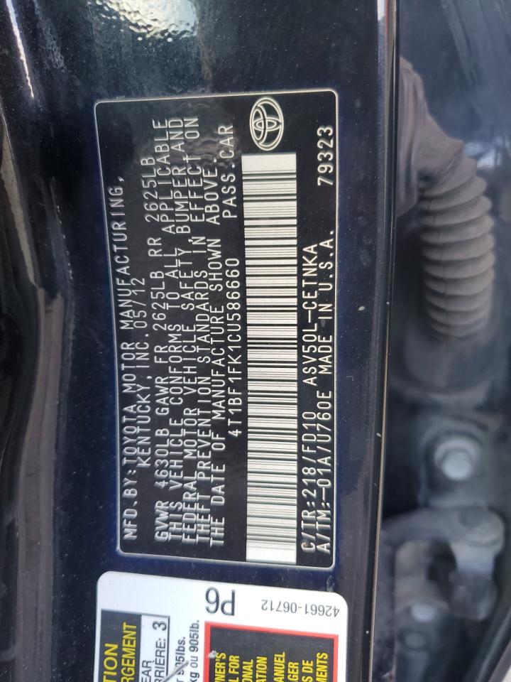 2012 Toyota Camry VIN 4T1BF1FK1CU586660 Copart auction photo, all over damage thumbnail 12