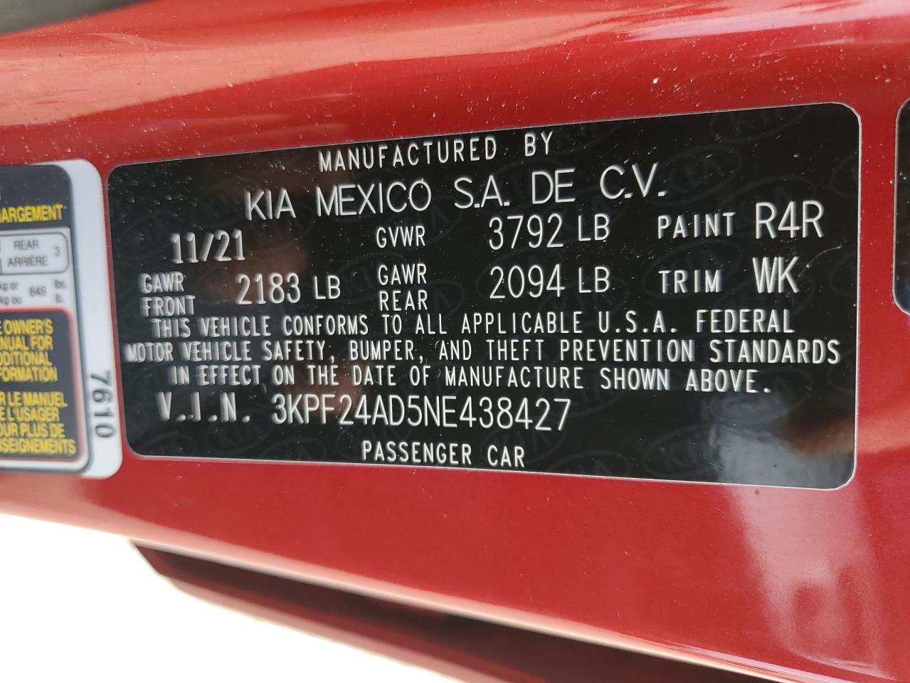 2022 KIA Forte VIN 3KPF24AD5NE438427 Copart auction photo, mechanical / minor dent/scratches damage thumbnail 13