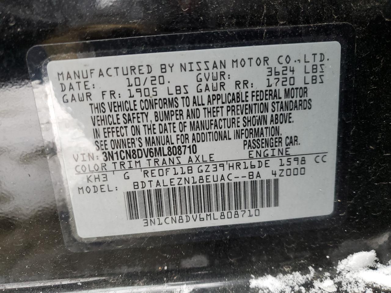 2021 Nissan Versa VIN 3N1CN8DV6ML808710 Copart auction photo, all over / undercarriage damage thumbnail 14