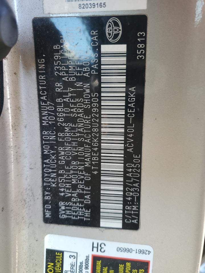 2008 Toyota Camry VIN 4T1BE46K28U229905 Copart auction photo, all over / undercarriage damage thumbnail 14