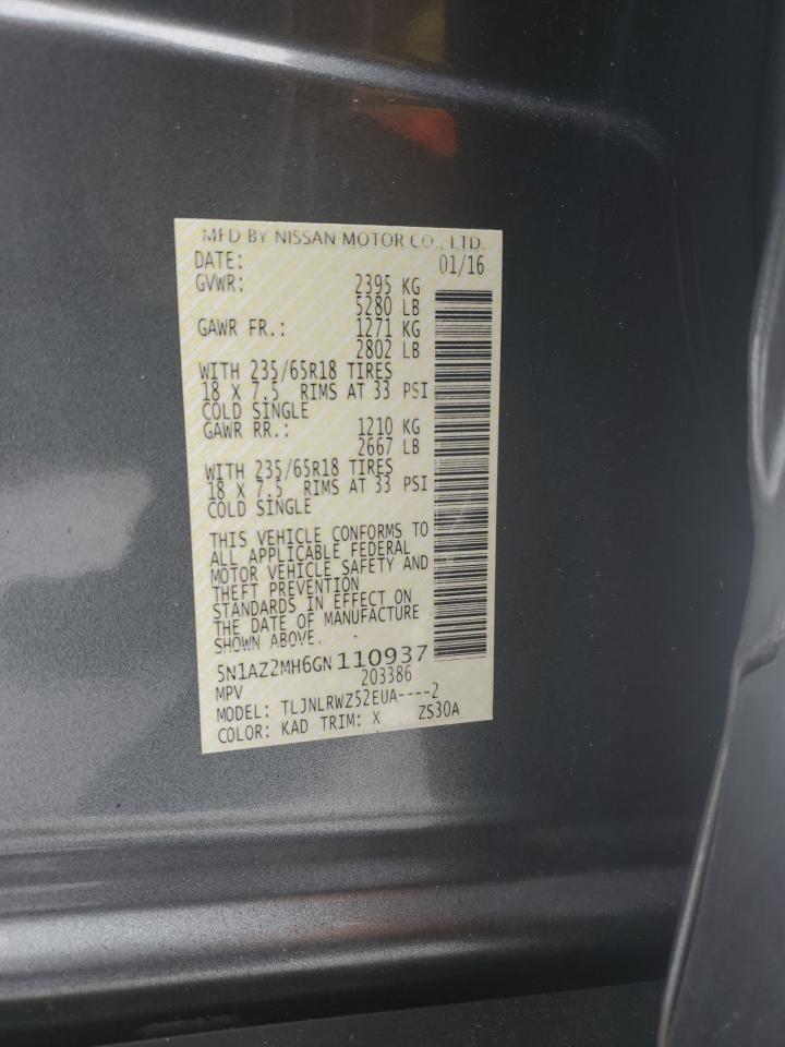 2016 Nissan Murano VIN 5N1AZ2MH6GN110937 Copart auction photo, side damage thumbnail 13