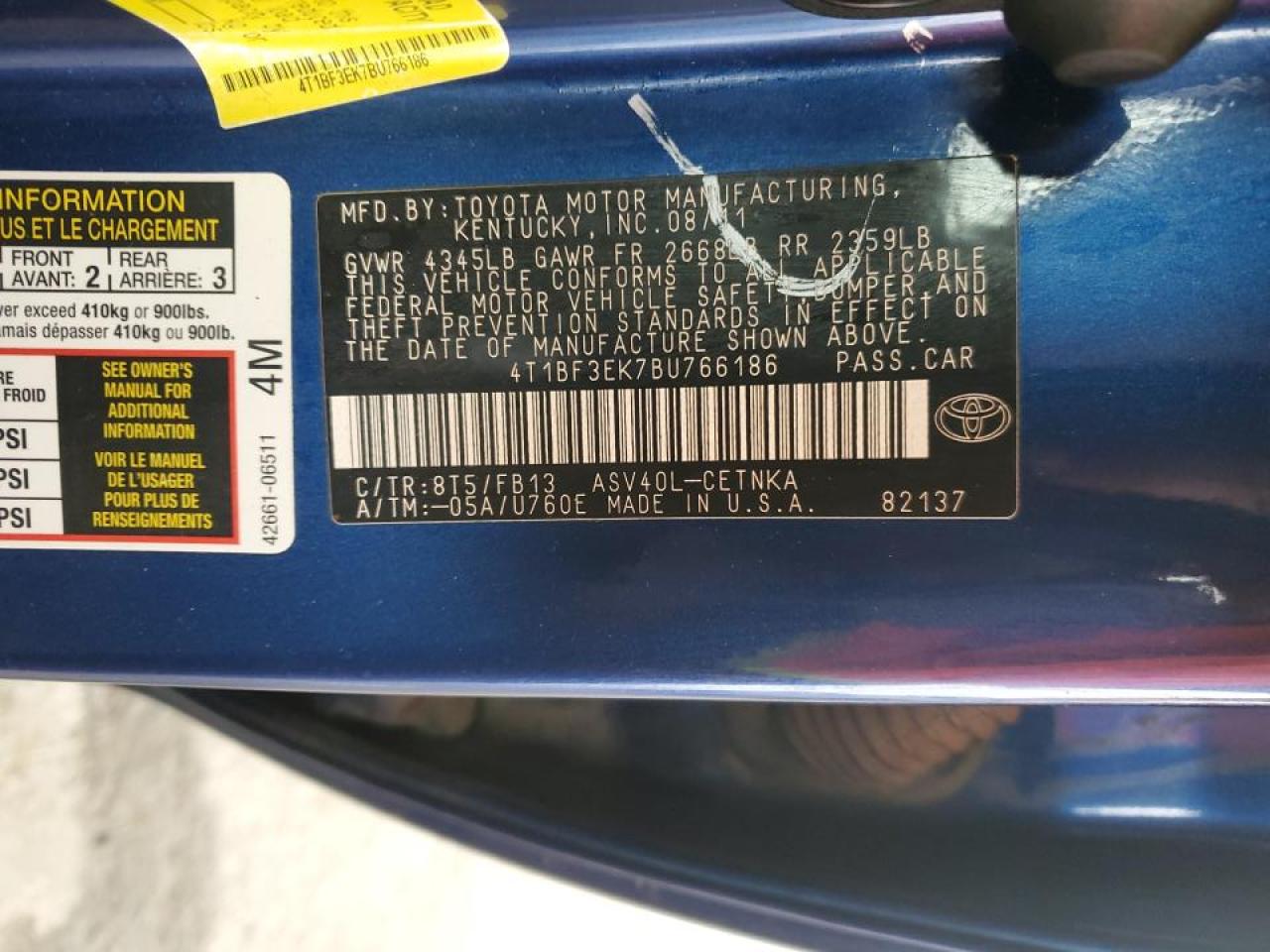 2011 Toyota Camry VIN 4T1BF3EK7BU766186 Copart auction photo, rear end damage thumbnail 14