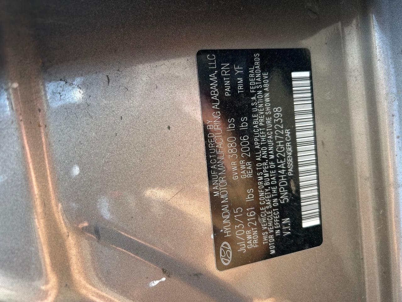 2016 Hyundai Elantra VIN 5NPDH4AE2GH722398 Copart auction photo, minor dent/scratches / mechanical damage thumbnail 10