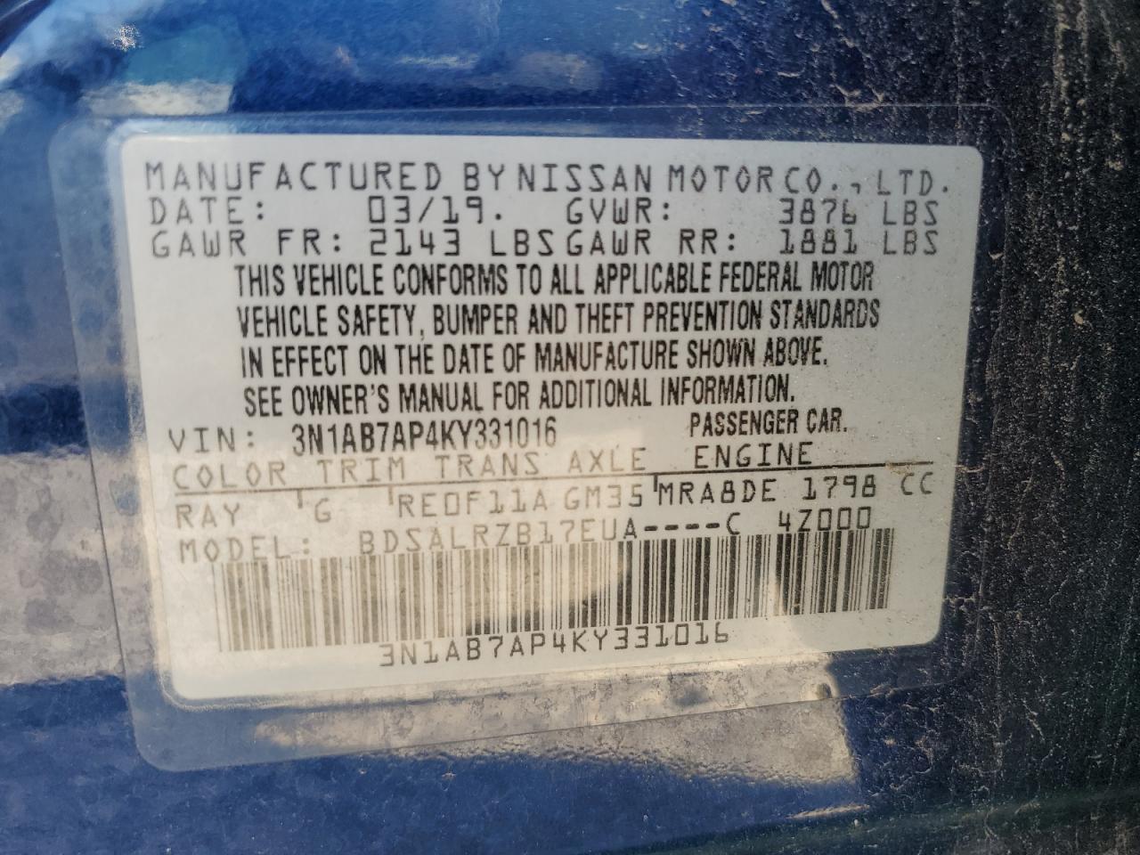 2019 Nissan Sentra VIN 3N1AB7AP4KY331016 Copart auction photo, front end / minor dent/scratches damage thumbnail 12