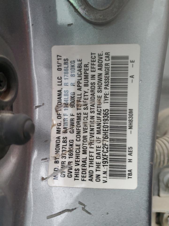 2017 Honda Civic VIN 19XFC2F76HE019365 Copart auction photo, front end damage thumbnail 14