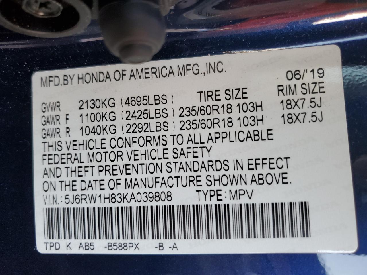 2019 Honda CR-V VIN 5J6RW1H83KA039808 Copart auction photo, water/flood damage thumbnail 14