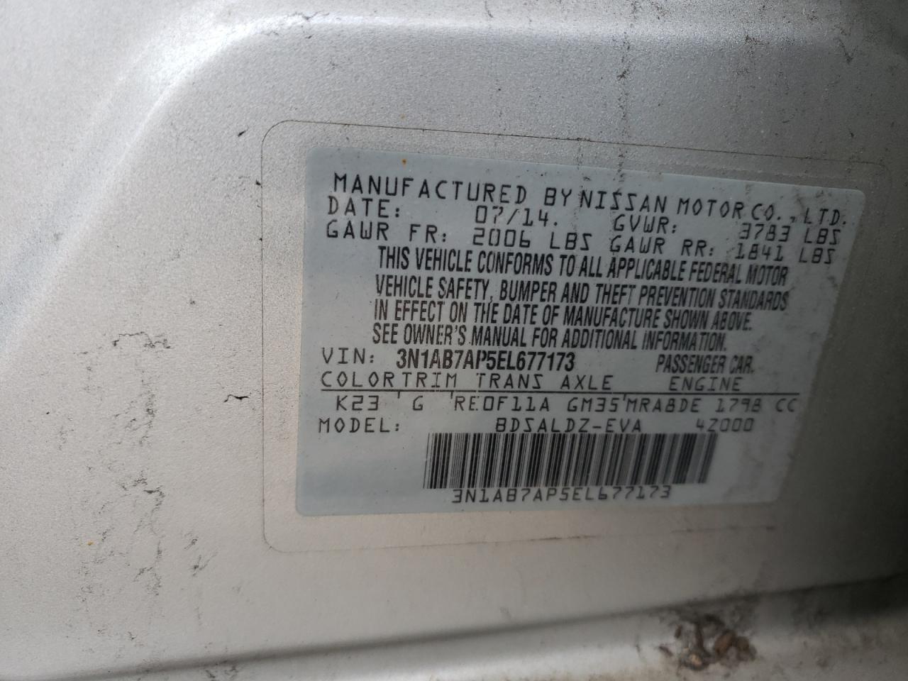 2014 Nissan Sentra VIN 3N1AB7AP5EL677173 Copart auction photo, front end / side damage thumbnail 12
