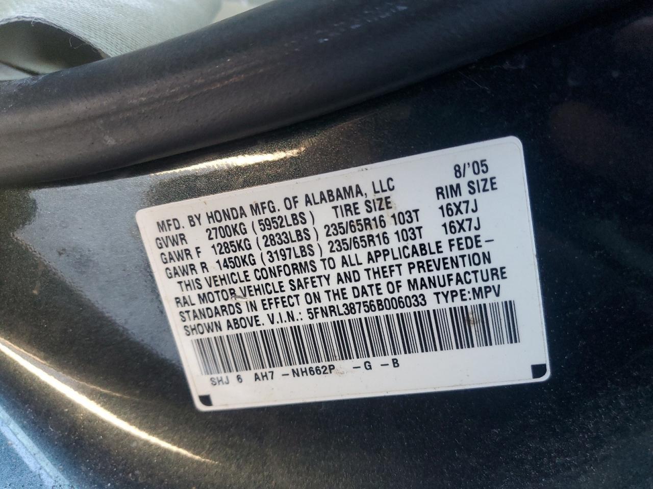 2006 Honda Odyssey VIN 5FNRL38756B006033 Copart auction photo, front end / minor dent/scratches damage thumbnail 13