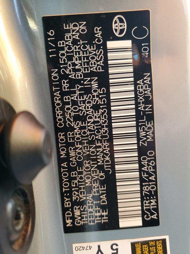 2017 Toyota Prius VIN JTDKARFU3H3531515 Copart auction photo, front end damage thumbnail 13