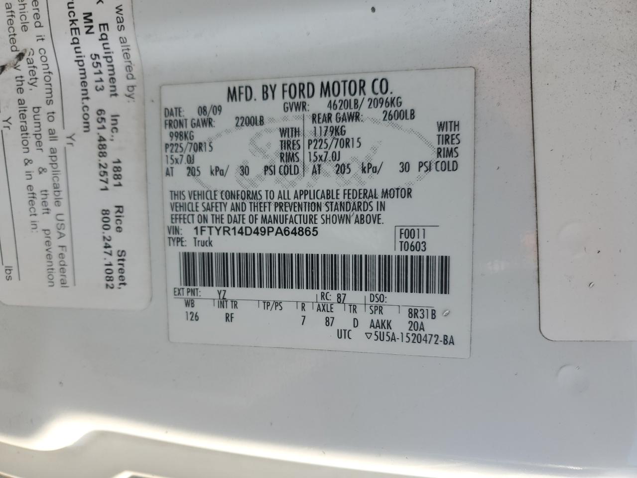 2009 Ford Ranger VIN 1FTYR14D49PA64865 Copart auction photo, rear end / mechanical damage thumbnail 12