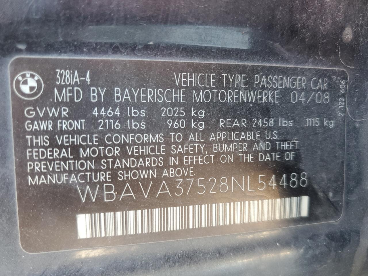 2008 BMW 3er VIN WBAVA37528NL54488 Copart auction photo, side / undercarriage damage thumbnail 12