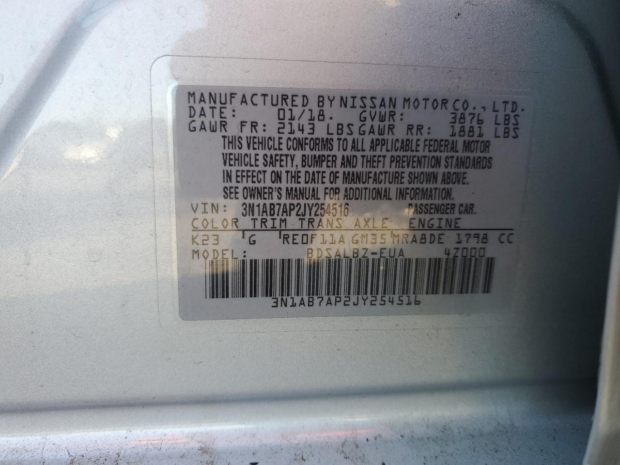 2018 Nissan Sentra VIN 3N1AB7AP2JY254516 Copart auction photo, rear end / front end damage thumbnail 13