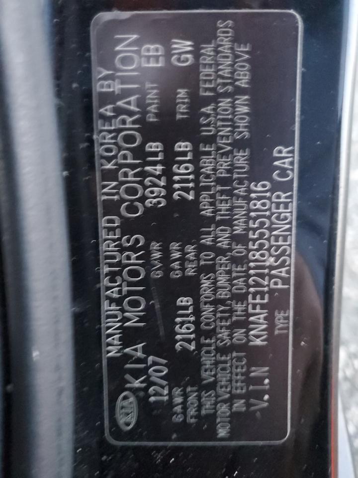 2008 KIA Spectra VIN KNAFE121185551816 Copart auction photo, front end damage thumbnail 12