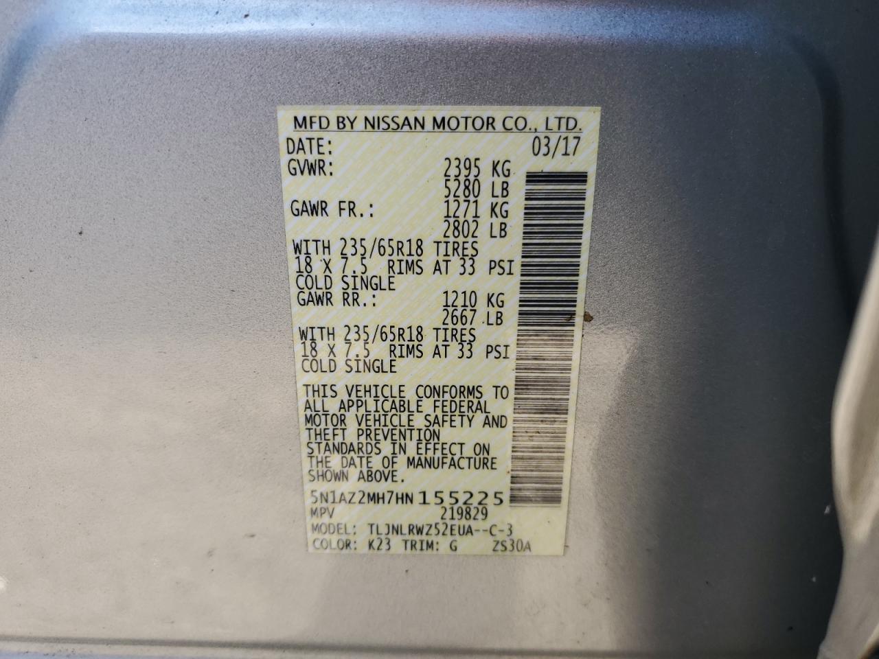 2017 Nissan Murano VIN 5N1AZ2MH7HN155225 Copart auction photo, side / rear end damage thumbnail 14