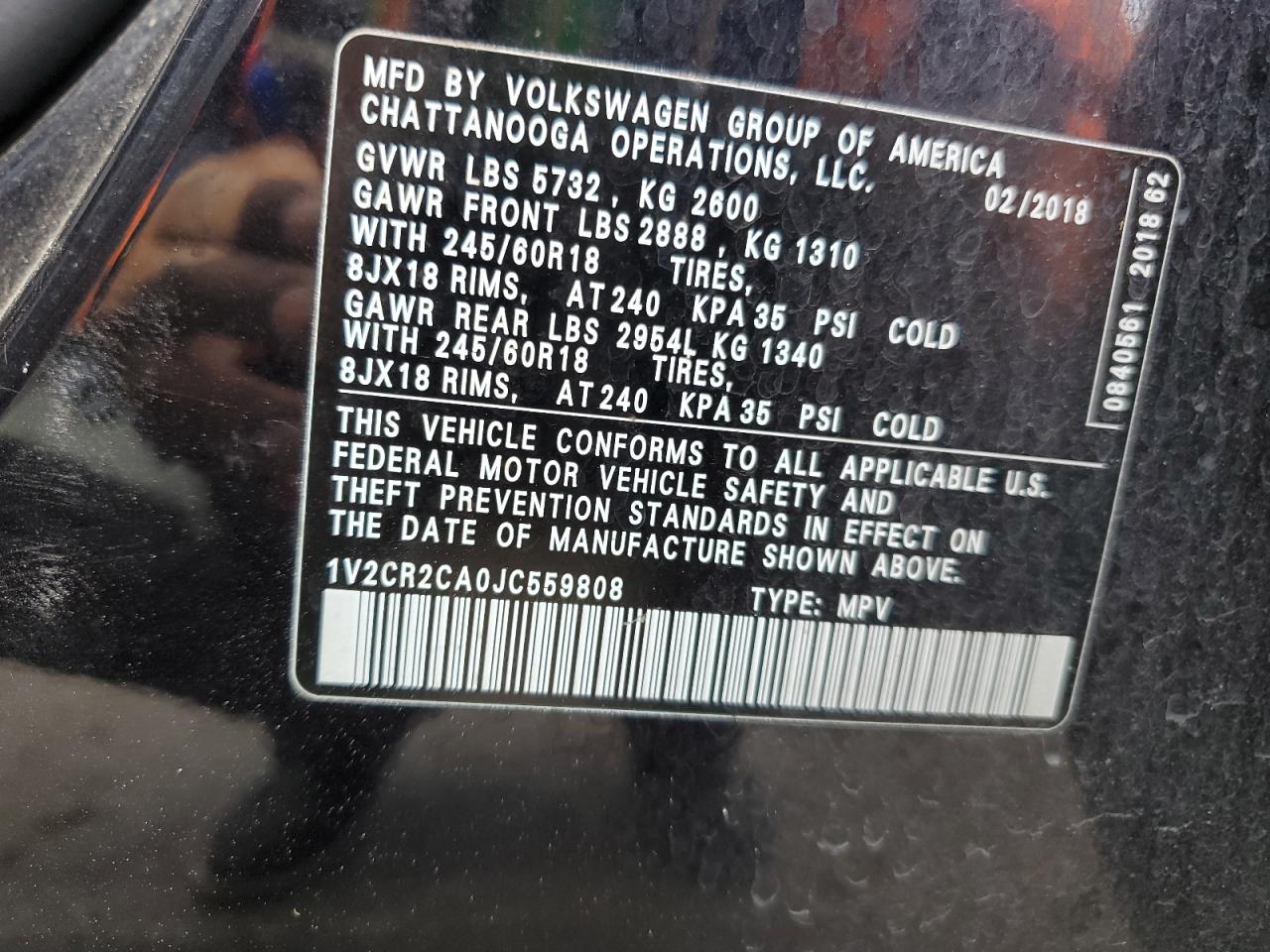 2018 Volkswagen Atlas VIN 1V2CR2CA0JC559808 Copart auction photo, front end damage thumbnail 12