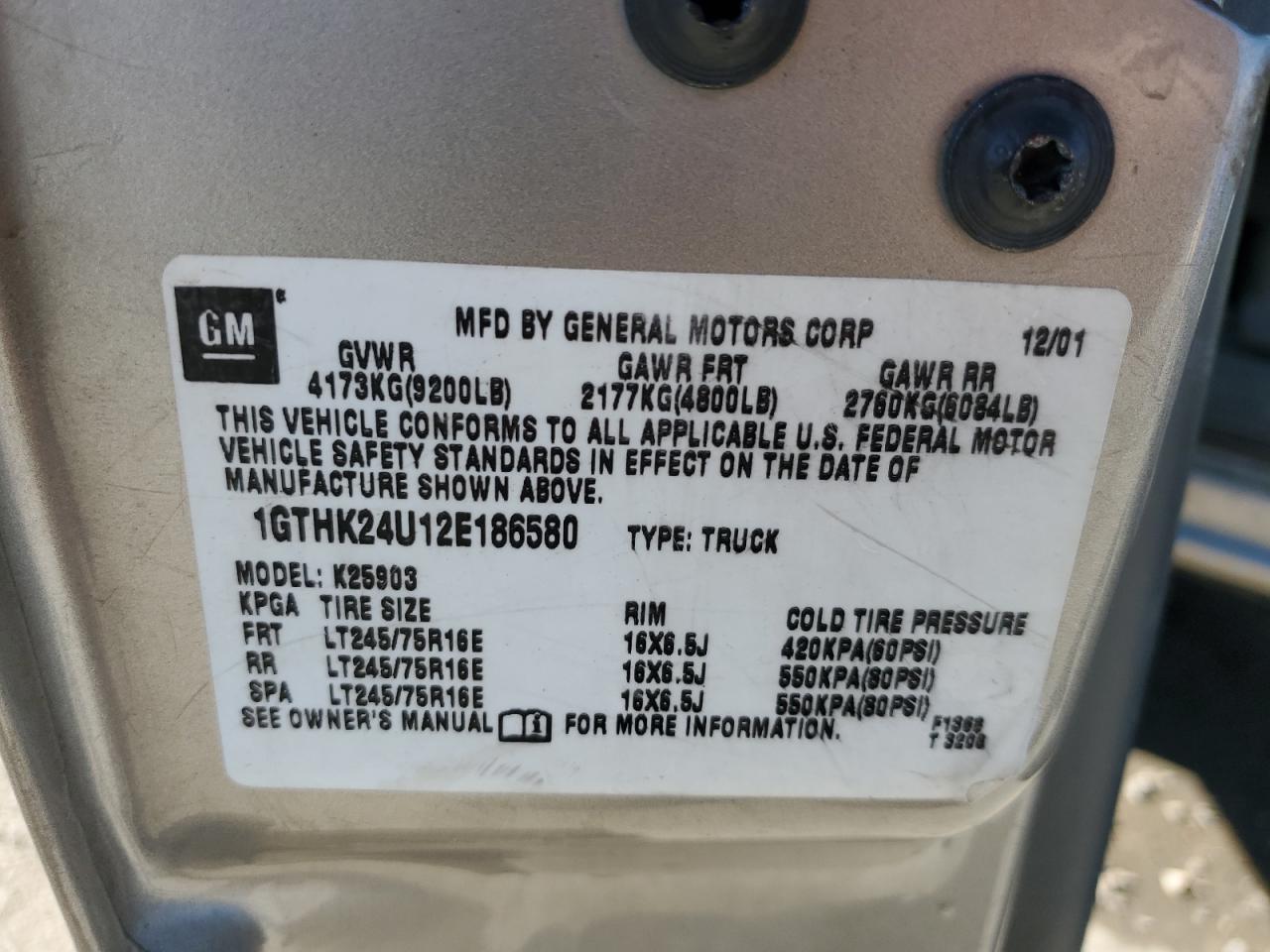 2002 GMC Sierra VIN 1GTHK24U12E186580 Copart auction photo, front end / rear end damage thumbnail 13