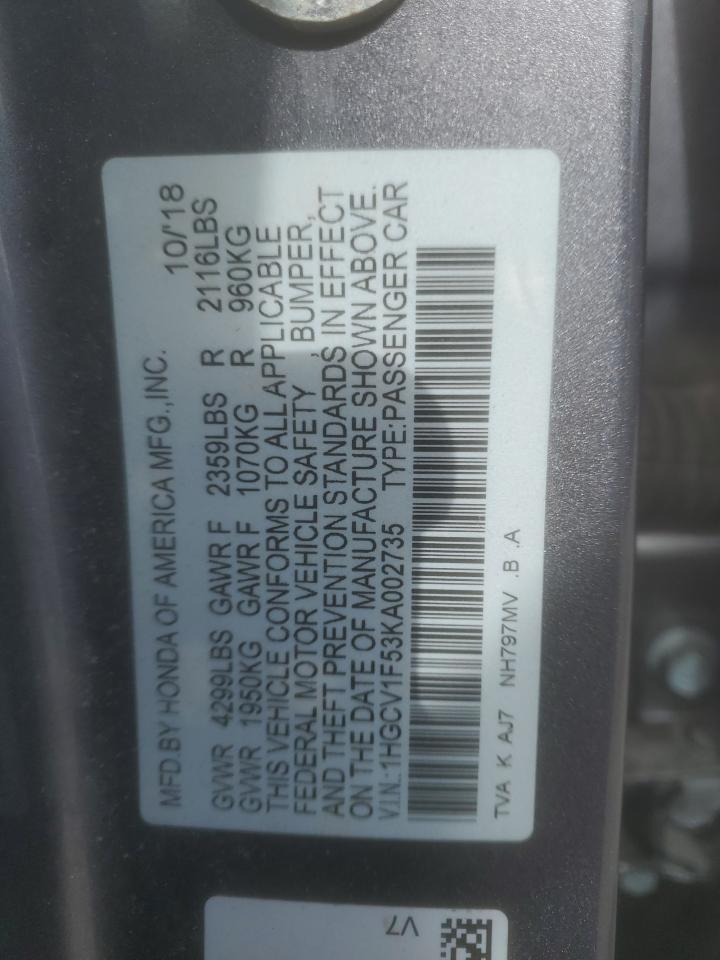 2019 Honda Accord VIN 1HGCV1F53KA002735 Copart auction photo, front end damage thumbnail 12