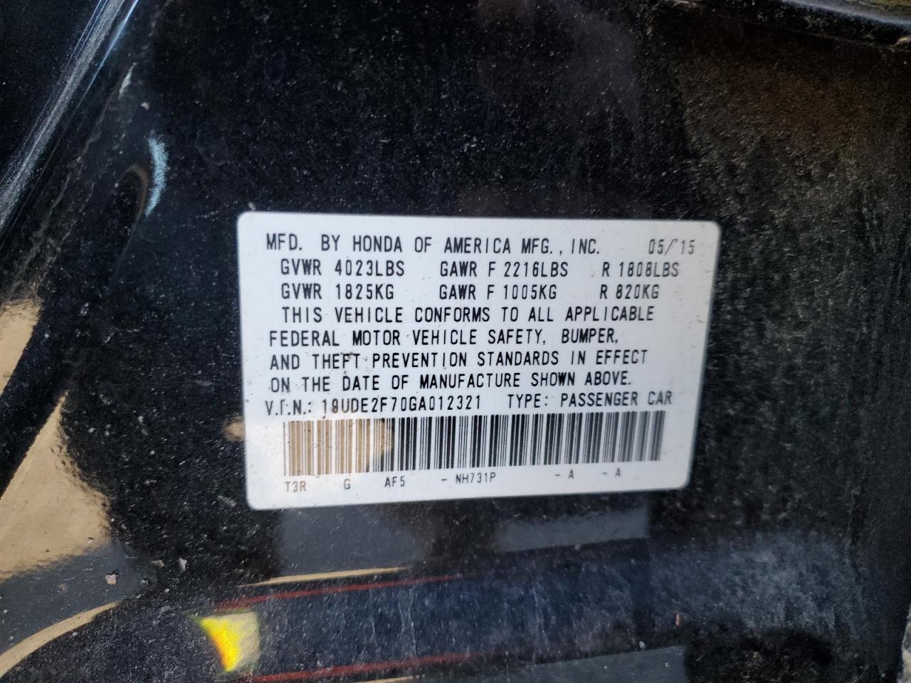 2016 Acura ILX VIN 19UDE2F70GA012321 Copart auction photo, rollover damage thumbnail 14