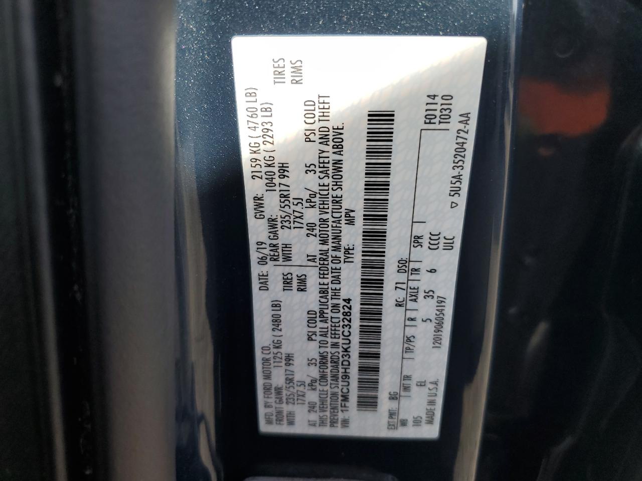 2019 Ford Escape VIN 1FMCU9HD3KUC32824 Copart auction photo, side / front end damage thumbnail 13