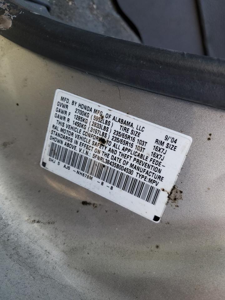 2005 Honda Odyssey VIN 5FNRL38435B004530 Copart auction photo, rear end / side damage thumbnail 13