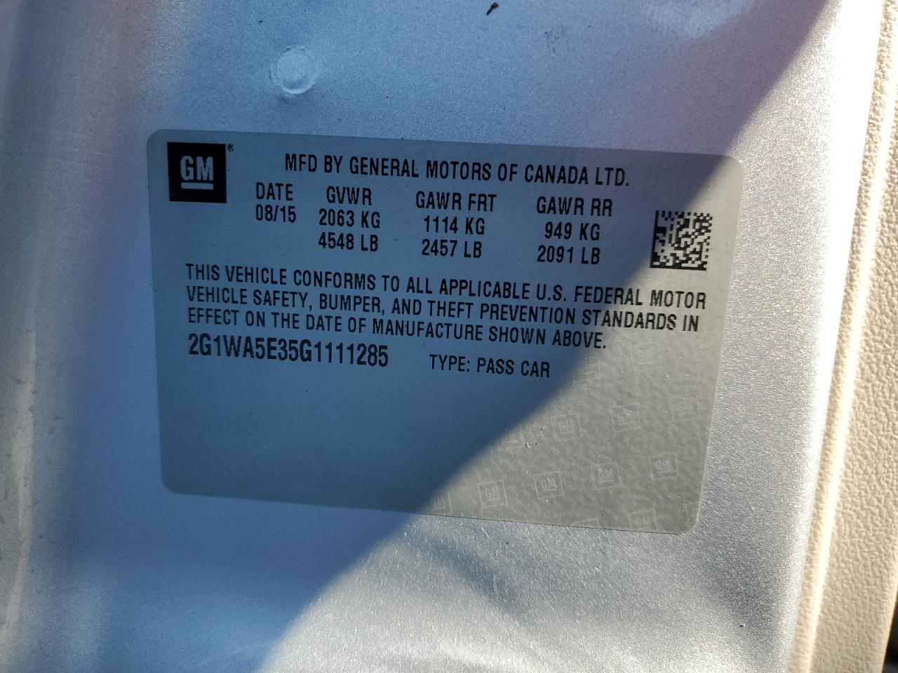 2016 Chevrolet Impala VIN 2G1WA5E35G1111285 Copart auction photo, all over damage thumbnail 12