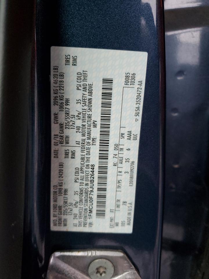 2018 Ford Escape VIN 1FMCU0F79JUB26448 Copart auction photo, front end / rear end damage thumbnail 13